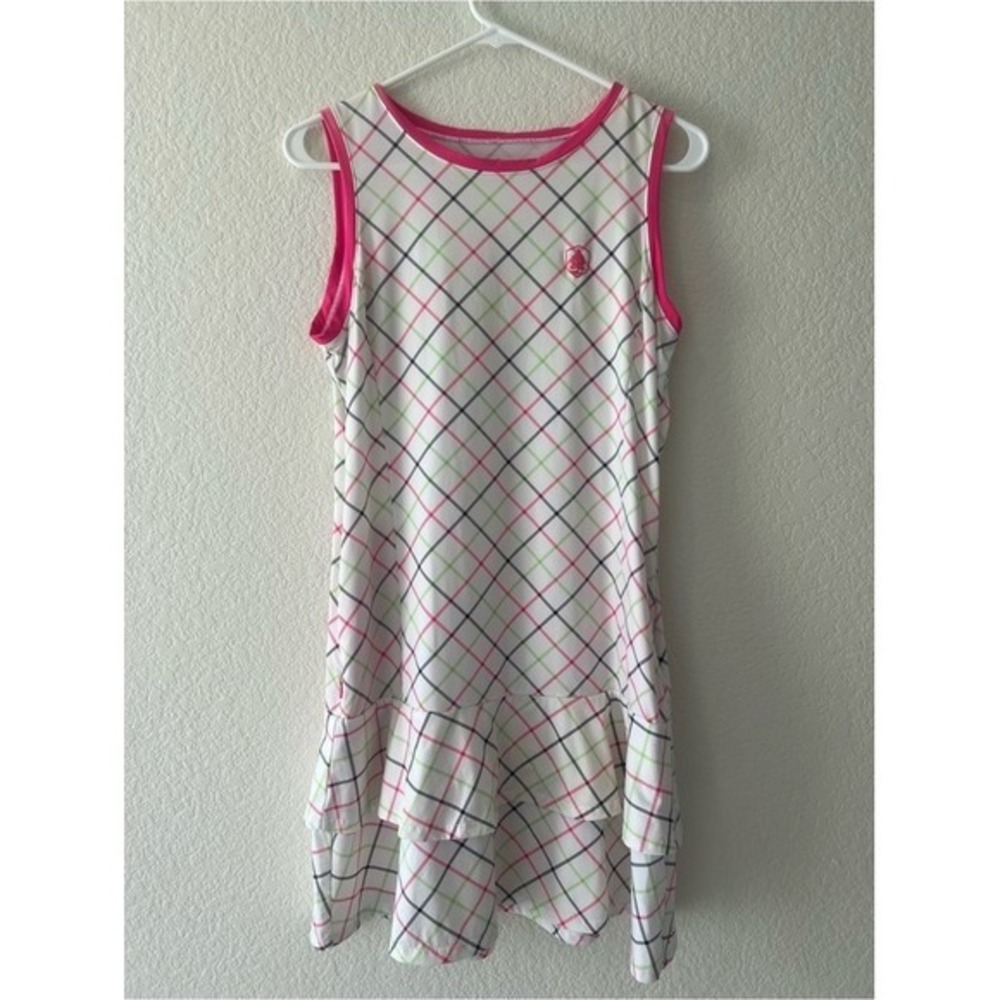 Kinona Women Golf Dress Small White Pink Plaid Sleeveless Ruffle Hem Pocket